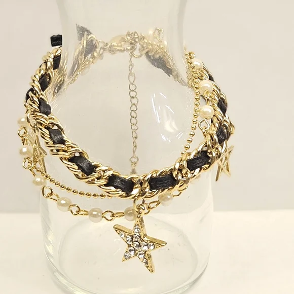 Goldtone Triple Strand Star Charm Bracelet - Picture 2 of 7